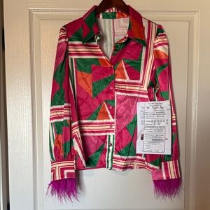 Love By Design Multicolor Geometric silk button up with Feather Cuffs